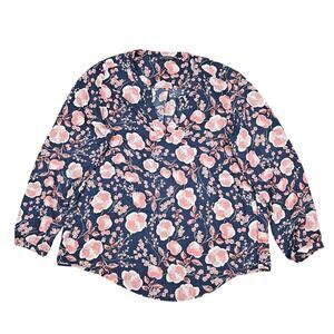 ADRIANNA PAPELL FLORAL BLOOMS LONG‑SLEEVE TUNIC BLOUSE – WOMEN’S L – NAVY / PINK